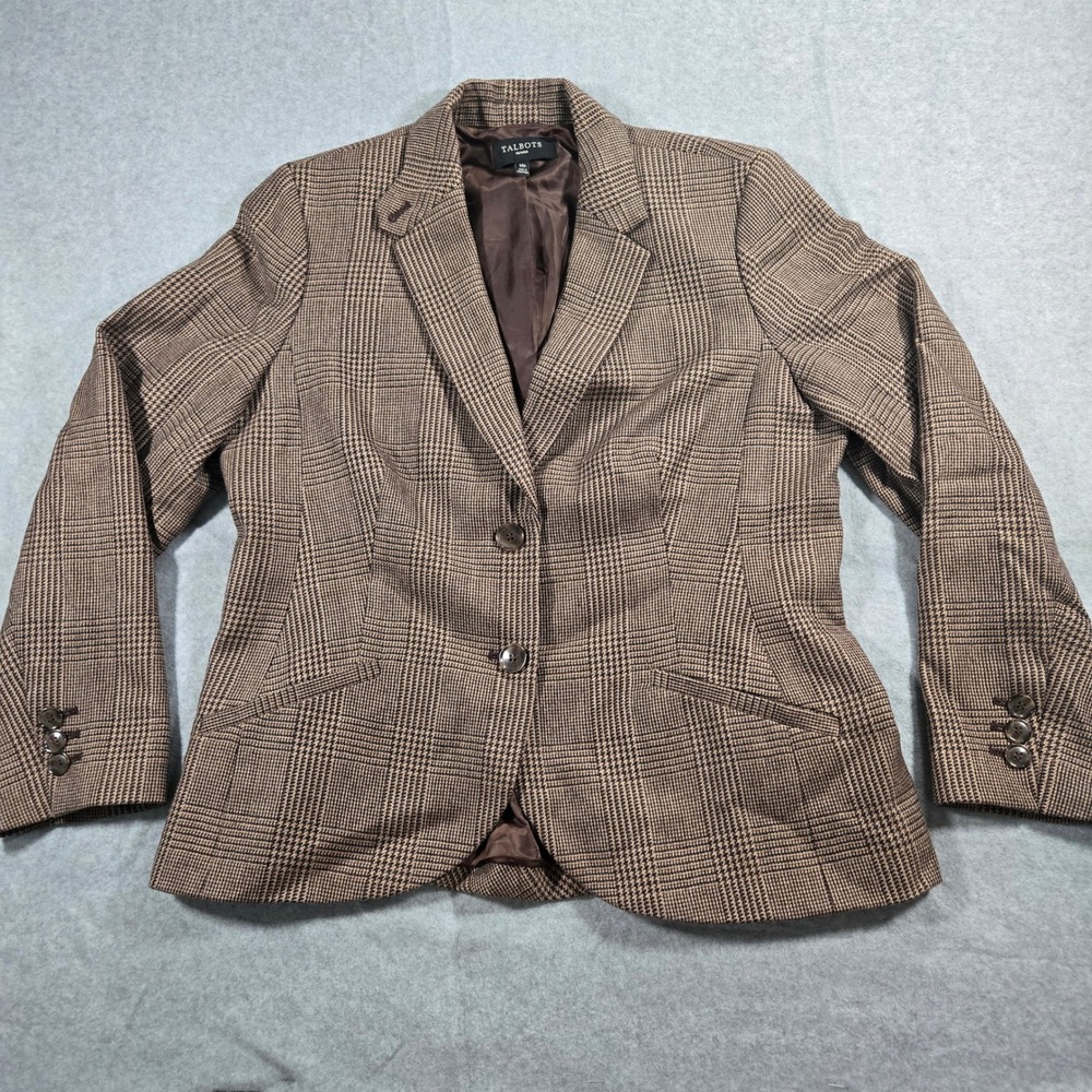 Talbots Petites Brown Glen Plaid Wool Blend Blazer Jacket 14P PH200 06/14